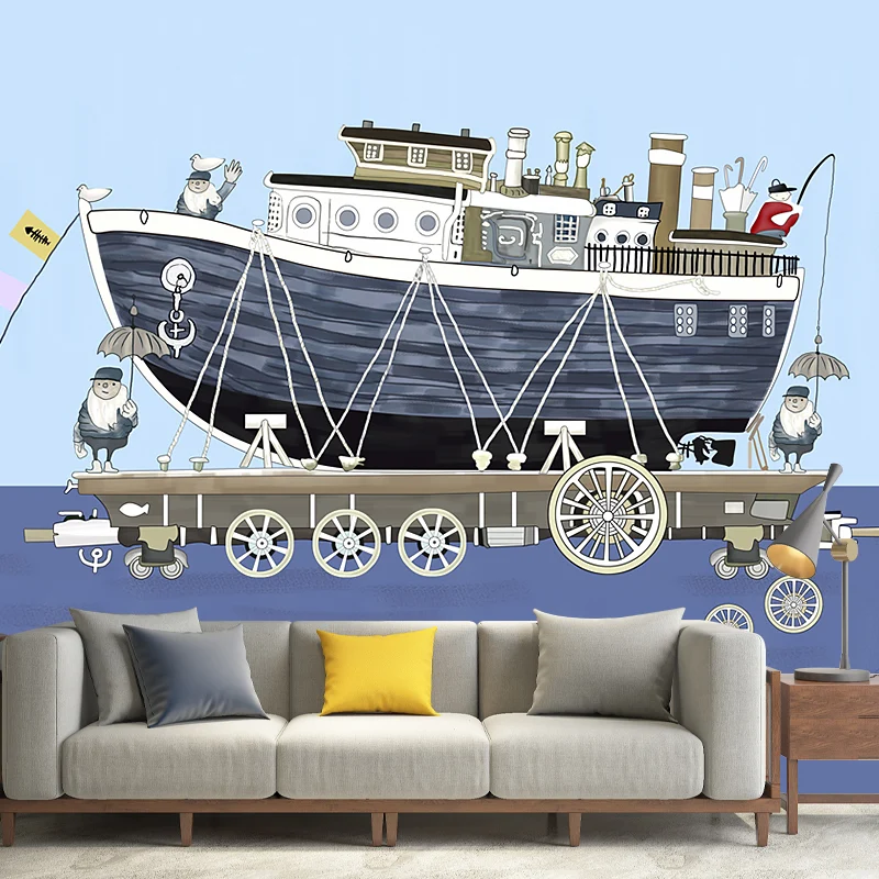 Kinder-Tapete „Schiff auf dem Meer“ Grau und Blau, dekorative Wanddekoration für Jungenschlafzimmer Clearhalo