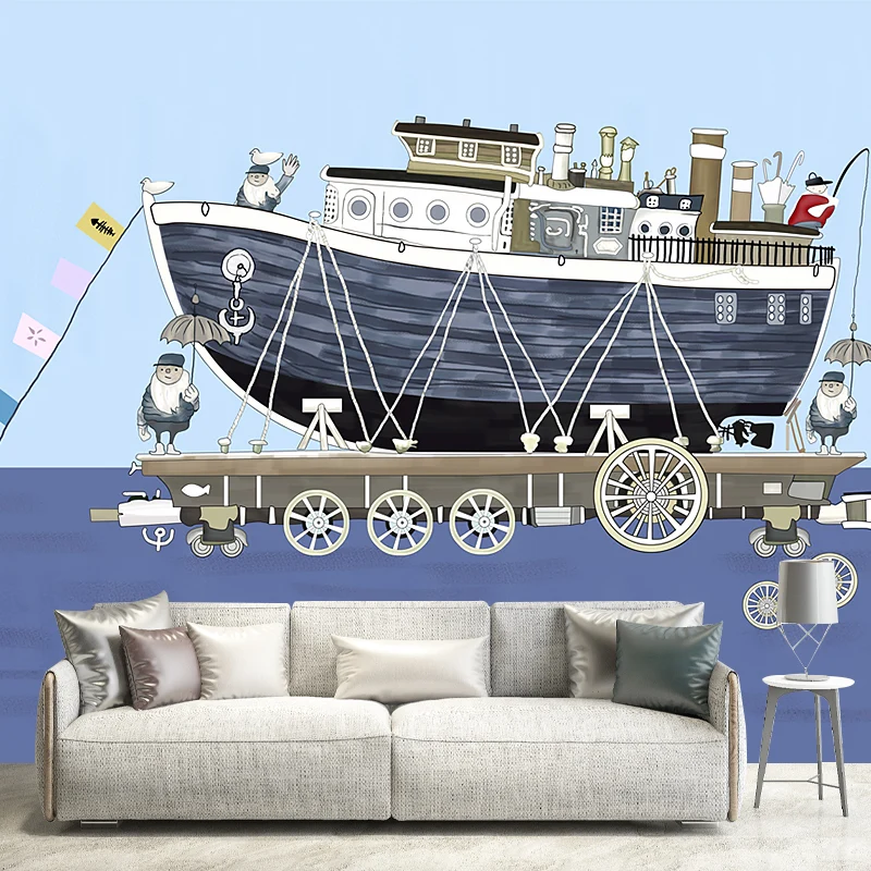 Kinder-Tapete „Schiff auf dem Meer“ Grau und Blau, dekorative Wanddekoration für Jungenschlafzimmer Clearhalo