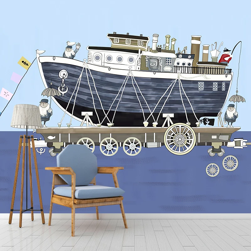 Kinder-Tapete „Schiff auf dem Meer“ Grau und Blau, dekorative Wanddekoration für Jungenschlafzimmer Clearhalo