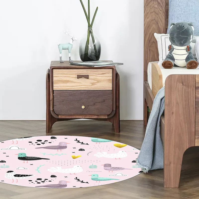 Kinderzimmerteppich mit rosa Tier-Vogelblatt-Aufdruck, waschbarer, rutschfester Polyester-Teppich Clearhalo