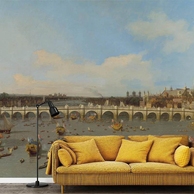 Klassische Art Thames River Wandtapete Grau-Blau, wasserfeste Wandverkleidung für Wohnzimmer Clearhalo