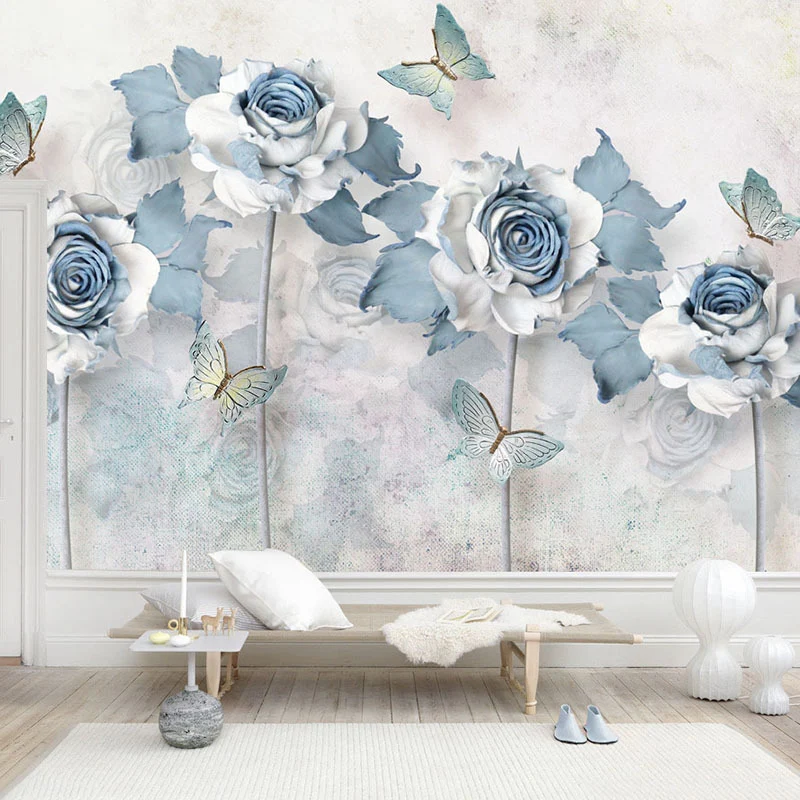 Klassische Rosen-Wandtapete für Mädchenzimmer, individuell bedruckte Wanddekoration Blau und Weiß Clearhalo