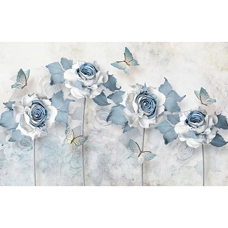 Klassische Rosen-Wandtapete für Mädchenzimmer, individuell bedruckte Wanddekoration Blau und Weiß Clearhalo