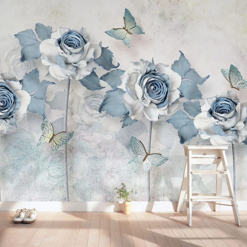 Klassische Rosen-Wandtapete für Mädchenzimmer, individuell bedruckte Wanddekoration Blau und Weiß Clearhalo