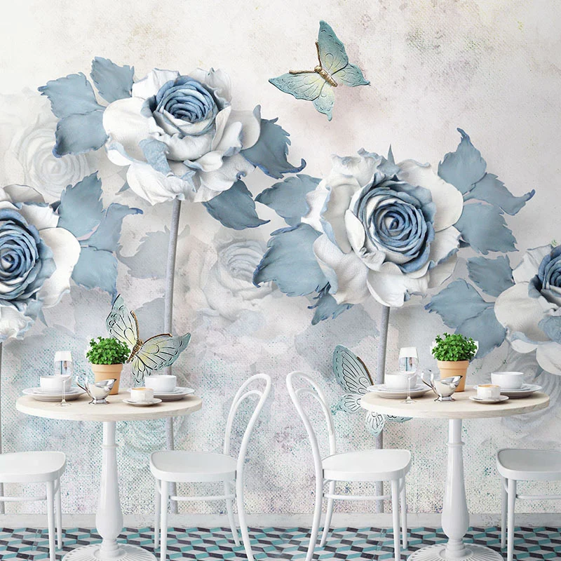 Klassische Rosen-Wandtapete für Mädchenzimmer, individuell bedruckte Wanddekoration Blau und Weiß Clearhalo