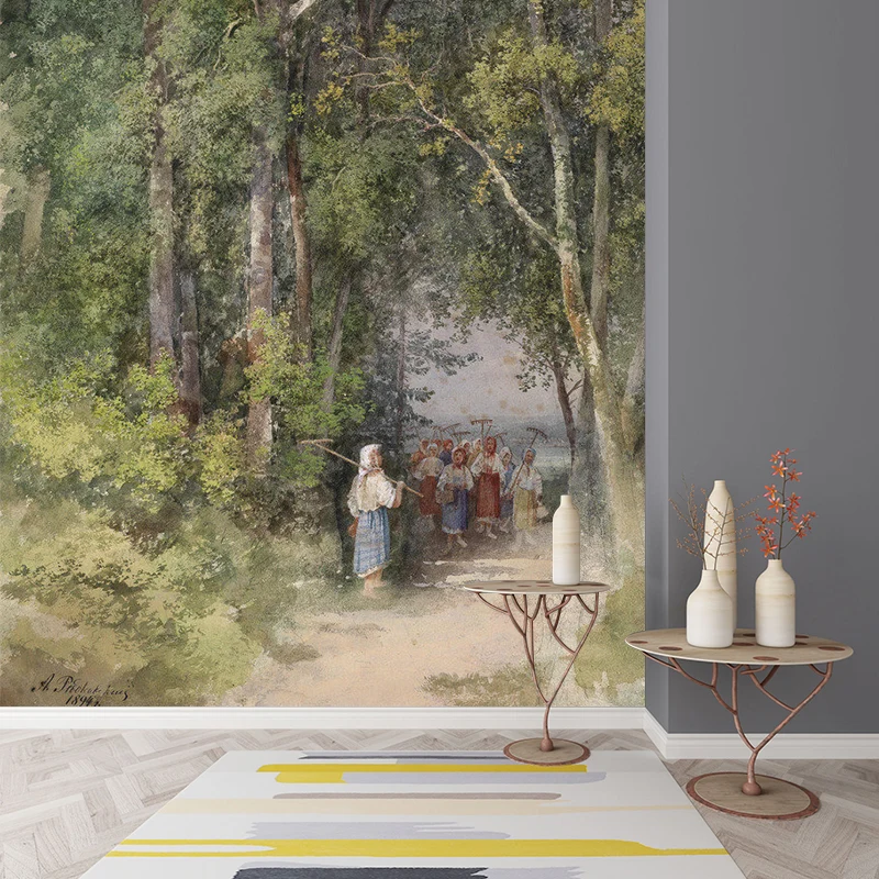Komplette Vintage-Wandverkleidung mit grünem Baum- und Straßen-Wandbild, individuelle Größe erhältlich Clearhalo