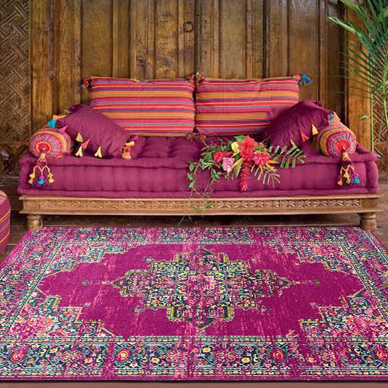 Lila Schlafzimmerteppich mit marokkanischem Medaillon-Blumenmuster, waschbarer Polyester-Teppich mit rutschfester Rückseit...