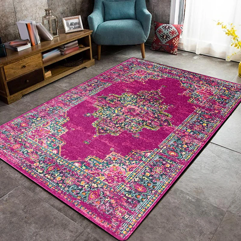 Lila Schlafzimmerteppich mit marokkanischem Medaillon-Blumenmuster, waschbarer Polyester-Teppich mit rutschfester Rückseit...