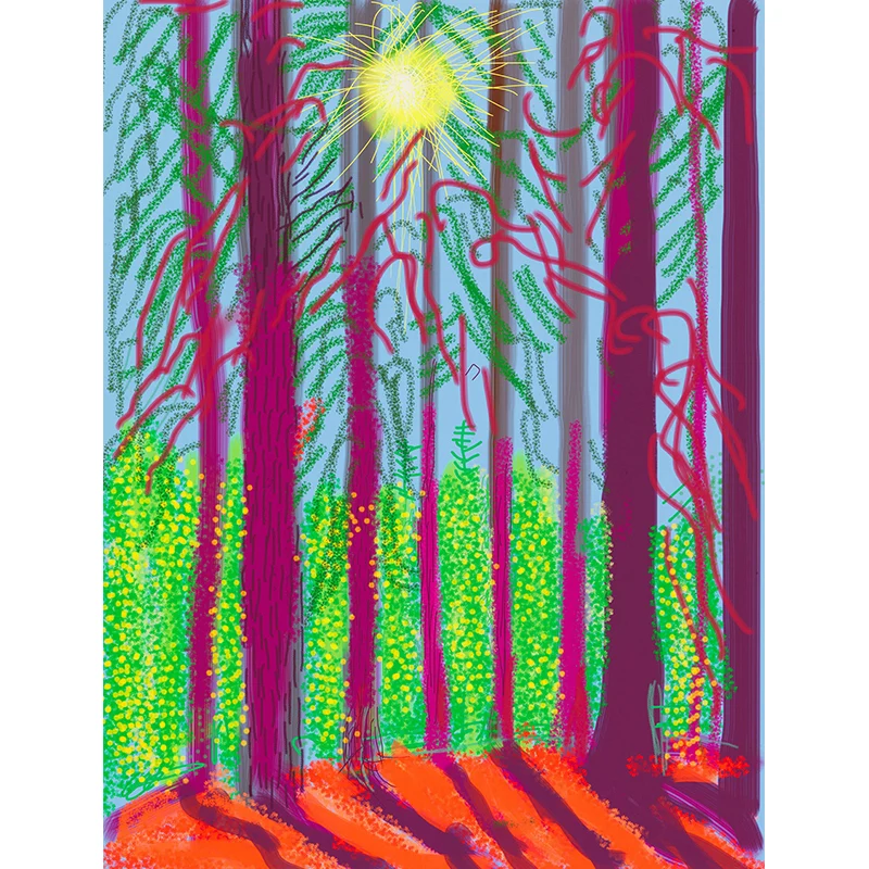 Lila-grüne Wald-Sonnenaufgang-Wandtapete, schmutzabweisende Wandkunst für das Wohnzimmer Clearhalo
