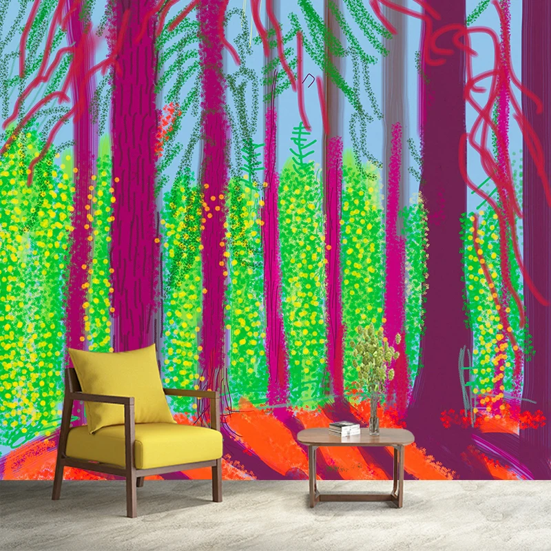 Lila-grüne Wald-Sonnenaufgang-Wandtapete, schmutzabweisende Wandkunst für das Wohnzimmer Clearhalo