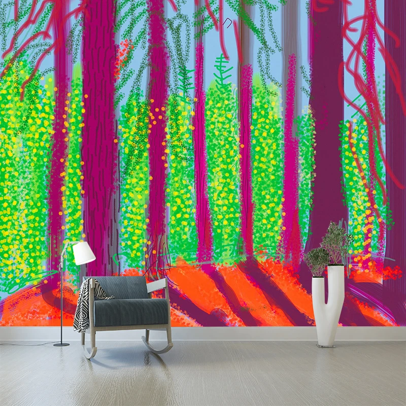 Lila-grüne Wald-Sonnenaufgang-Wandtapete, schmutzabweisende Wandkunst für das Wohnzimmer Clearhalo