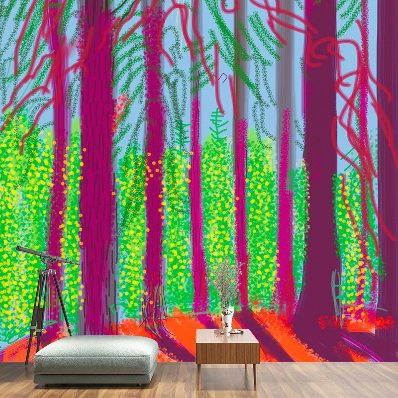 Lila-grüne Wald-Sonnenaufgang-Wandtapete, schmutzabweisende Wandkunst für das Wohnzimmer Clearhalo