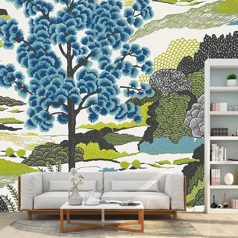 Ländliche Aquarelle des Waldwandgemäldes Grün und Blau, Schlafzimmer-Wandkunst, nach Maß gefertigt Clearhalo