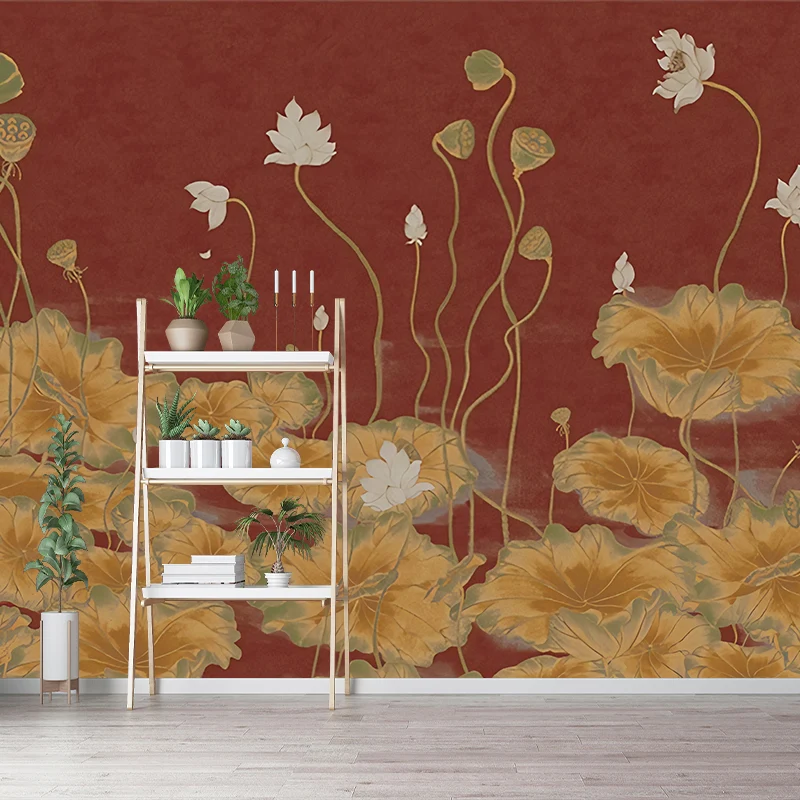 Lotusteich-Gemälde-Wandbild, dunkle Farbe, Chinoiserie-Wandverkleidung für Arbeitszimmer Clearhalo