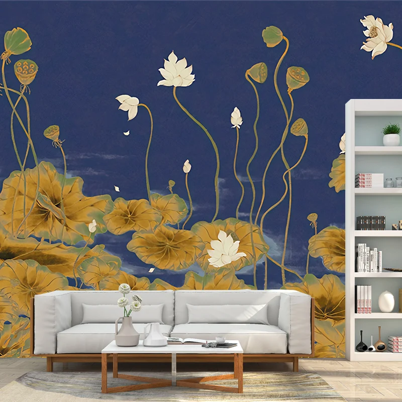 Lotusteich-Gemälde-Wandbild, dunkle Farbe, Chinoiserie-Wandverkleidung für Arbeitszimmer Clearhalo