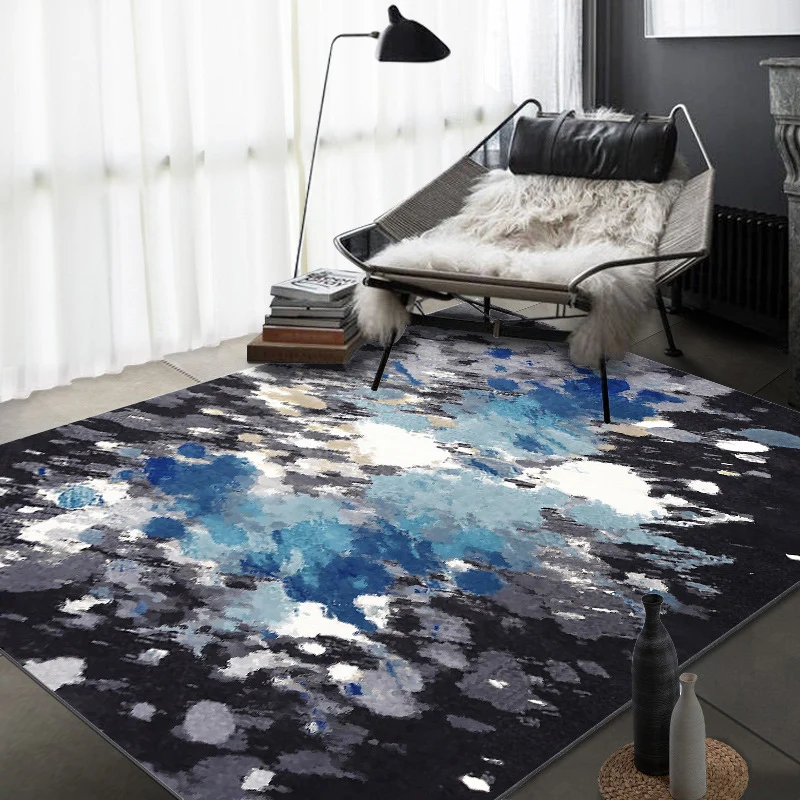 Lässiger moderner Teppich Blau und Schwarz mit abstraktem Tuschemalerei-Muster, waschbarer Teppich aus Polyester für die H...