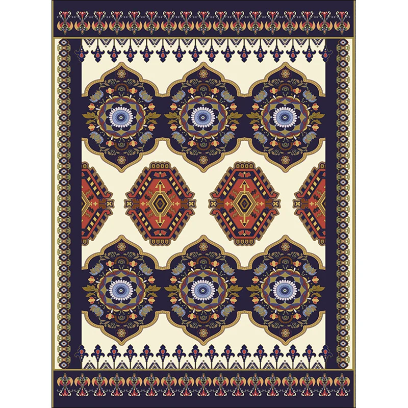 Marineblauer und beigefarbener Americana-Teppich, Polyester-Teppich mit Stammes- und Blumenmuster, waschbarer, rutschfeste...