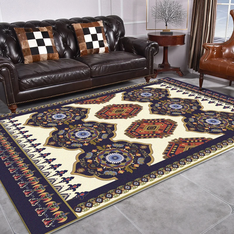 Marineblauer und beigefarbener Americana-Teppich, Polyester-Teppich mit Stammes- und Blumenmuster, waschbarer, rutschfeste...