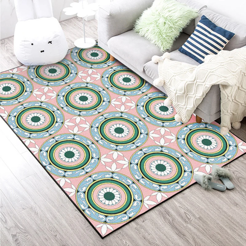 Marokkanischer Teppich mit Kreismuster und Blumenmuster Rosa, Polyester-Teppich, rutschfester Teppich für das Wohnzimmer C...
