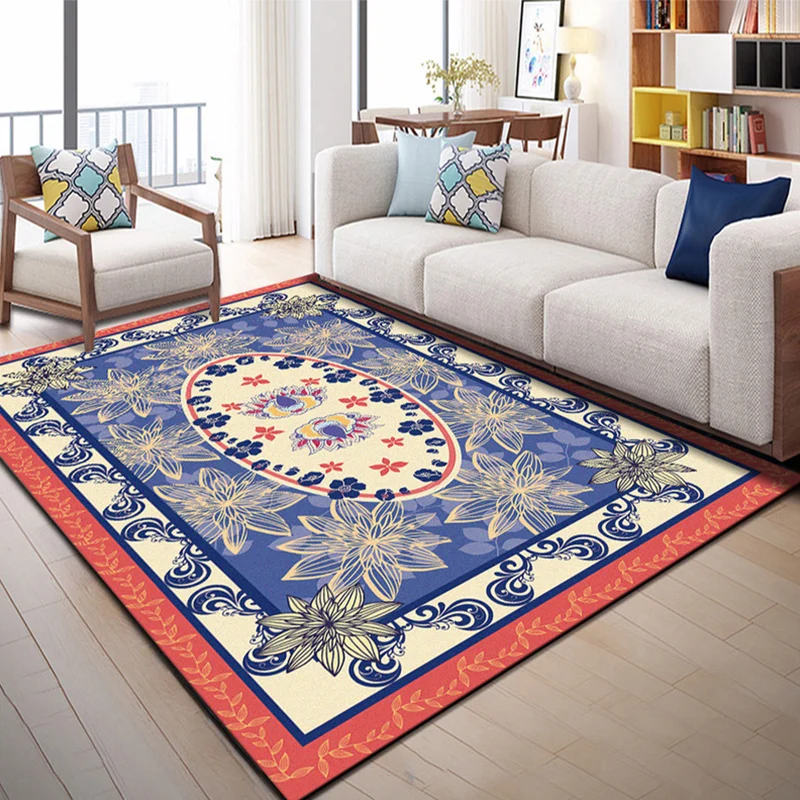Mediterraner marokkanischer Teppich, farbenfroher ovaler Teppich mit Blumenblatt-Druck, Polyester-Teppich mit rutschfester...