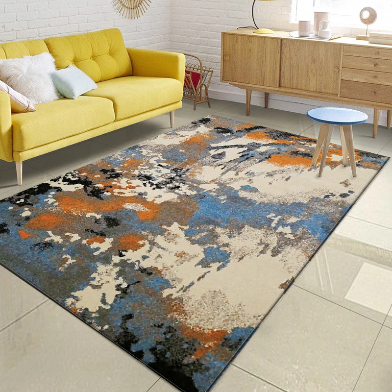 Minimalistischer moderner Teppich Orange und Elfenbein mit abstraktem Aquarell-Muster, waschbarer Polyester-Teppich für di...