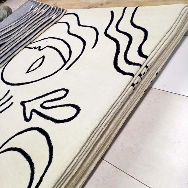 Minimalistischer Raumteppich, schwarz-weißer Line-Art-Frauenteppich, Kunstwolle, rutschfeste Rückseite, schmutzabweisender...
