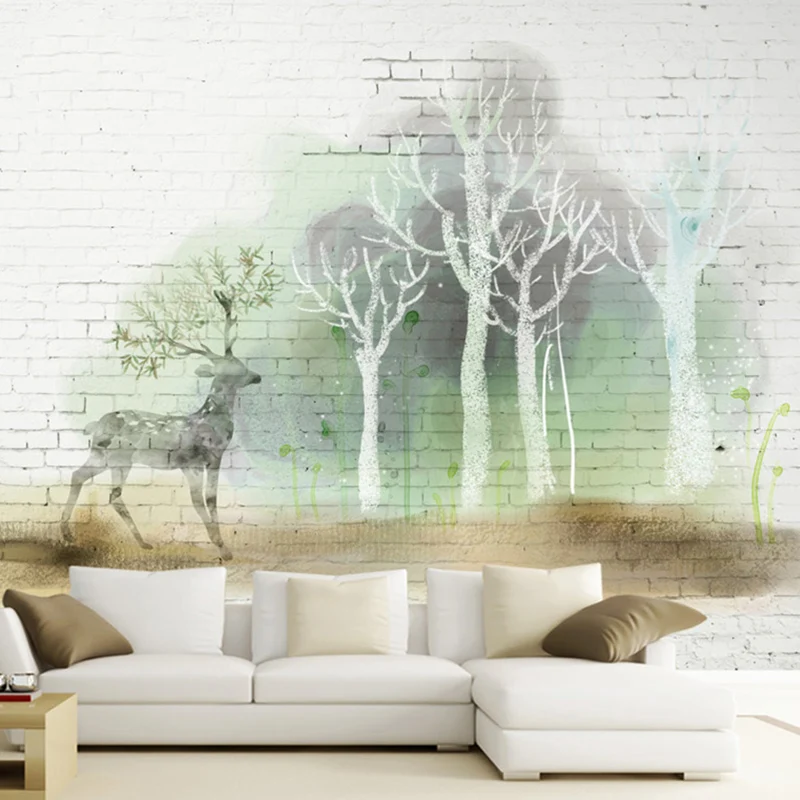 Minimalistisches Hirsch- und Wald-Wandbild für Café, extra großes Wanddekor Weiß und Grün Clearhalo