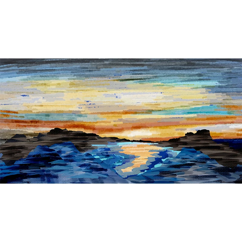 Minimalistisches Sonnenuntergang- und Strand-Wandbild Blau und Orange, Wohnzimmer-Wandkunst, nach Maß Clearhalo