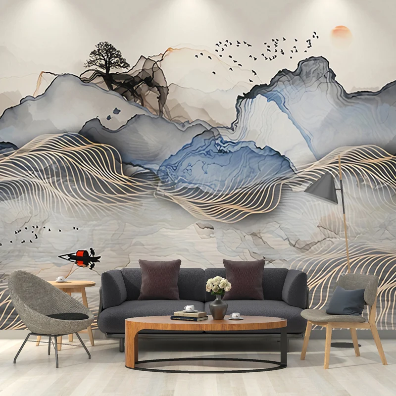 Minimalistisches Wandbild, graue und blaue Berg- und Sonnenwandverkleidung für Galerie, Vliesmaterial Clearhalo