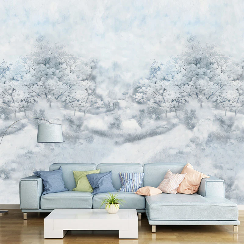 Minimalistisches Wandbild mit verschneitem Wald für Akzentwände, personalisiertes Wanddekor Blau und Weiß Clearhalo