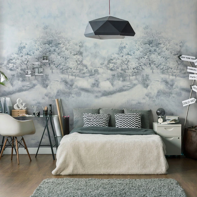Minimalistisches Wandbild mit verschneitem Wald für Akzentwände, personalisiertes Wanddekor Blau und Weiß Clearhalo