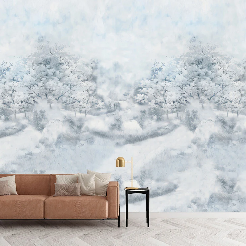 Minimalistisches Wandbild mit verschneitem Wald für Akzentwände, personalisiertes Wanddekor Blau und Weiß Clearhalo