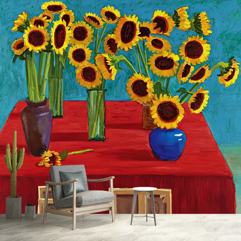 Moderne Tapete mit Sonnenblumen im Topf, Rot-Gelb-Blau-Grün, Schlafzimmer-Wandkunst, individuell bedruckt Clearhalo