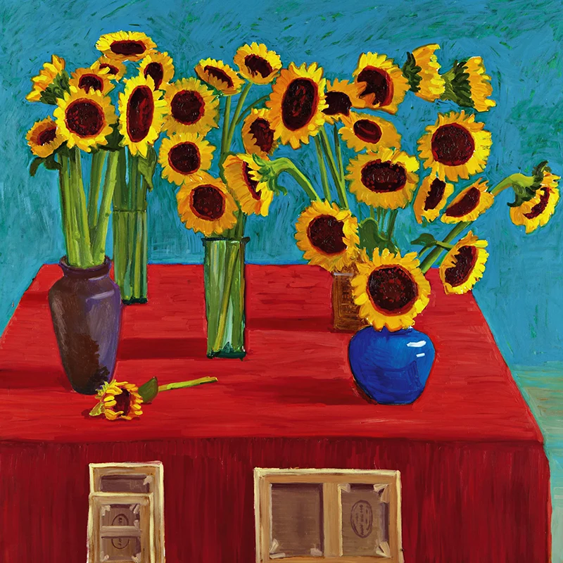 Moderne Tapete mit Sonnenblumen im Topf, Rot-Gelb-Blau-Grün, Schlafzimmer-Wandkunst, individuell bedruckt Clearhalo
