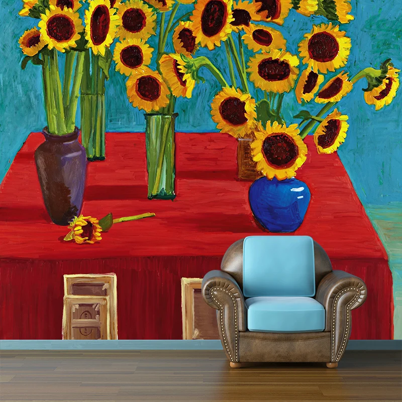 Moderne Tapete mit Sonnenblumen im Topf, Rot-Gelb-Blau-Grün, Schlafzimmer-Wandkunst, individuell bedruckt Clearhalo