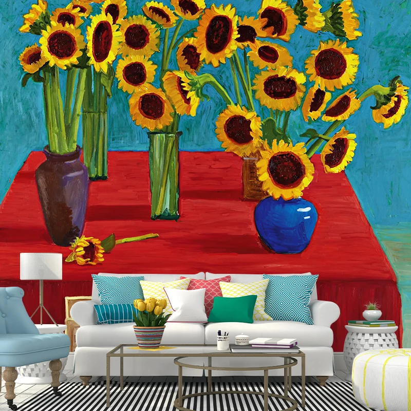 Moderne Tapete mit Sonnenblumen im Topf, Rot-Gelb-Blau-Grün, Schlafzimmer-Wandkunst, individuell bedruckt Clearhalo
