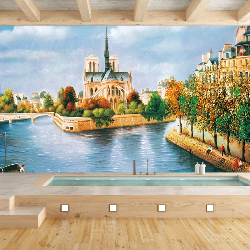 Moderne Wandtapete „Venedig-Schloss“ Blau-Braun für die Wanddekoration im Wohnzimmer, optionale Größe Clearhalo