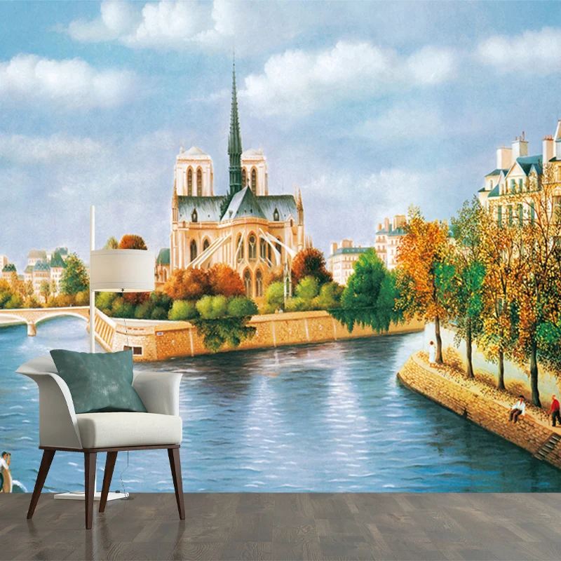 Moderne Wandtapete „Venedig-Schloss“ Blau-Braun für die Wanddekoration im Wohnzimmer, optionale Größe Clearhalo