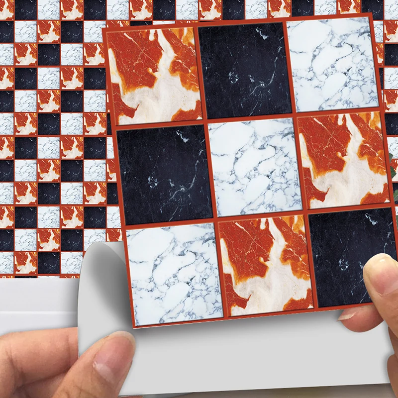 Modernes Mosaik-Tapetenpaneel-Set aus PVC zum Abziehen Schwarz und Rot, Wanddekoration für das Wohnzimmer Clearhalo