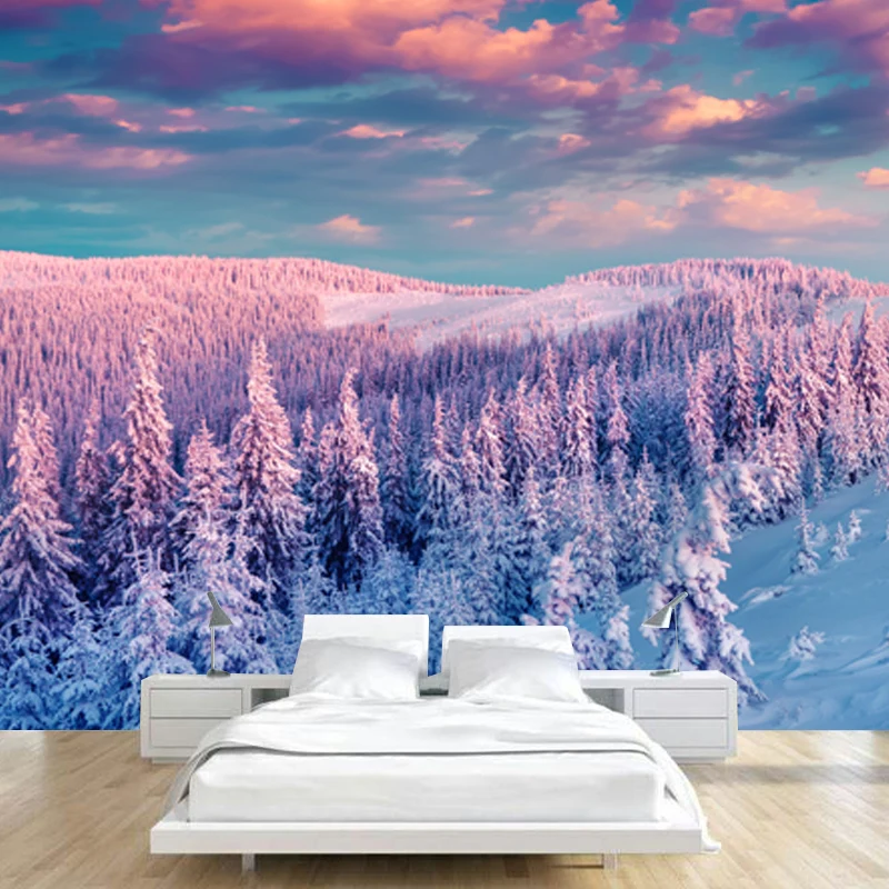 Modernes Wandbild „Sonnenuntergang-Schneelandschaft“, blau-lila, feuchtigkeitsbeständig, Wanddekoration für Zuhause Clearhalo