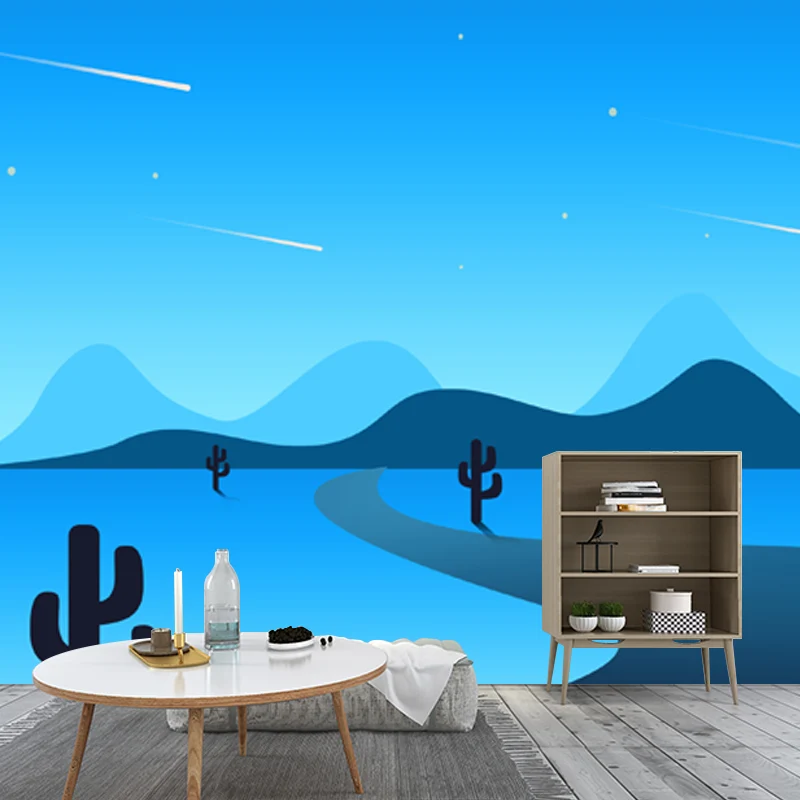 Modernes Wandgemälde mit individueller Illustration und Pathway-Kaktus- und Nachtmeteor-Muster Blau Clearhalo
