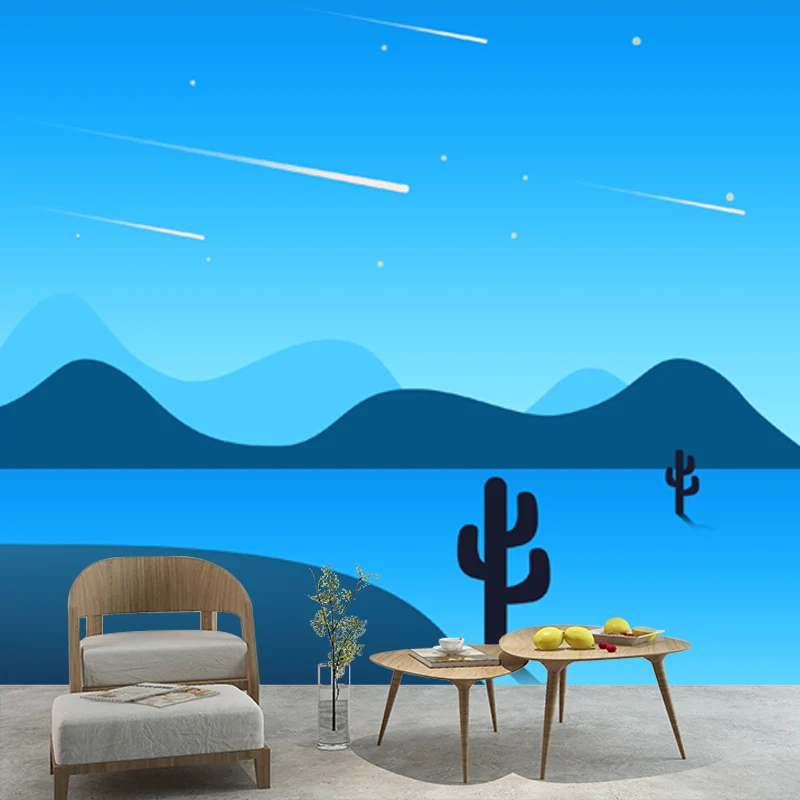 Modernes Wandgemälde mit individueller Illustration und Pathway-Kaktus- und Nachtmeteor-Muster Blau Clearhalo