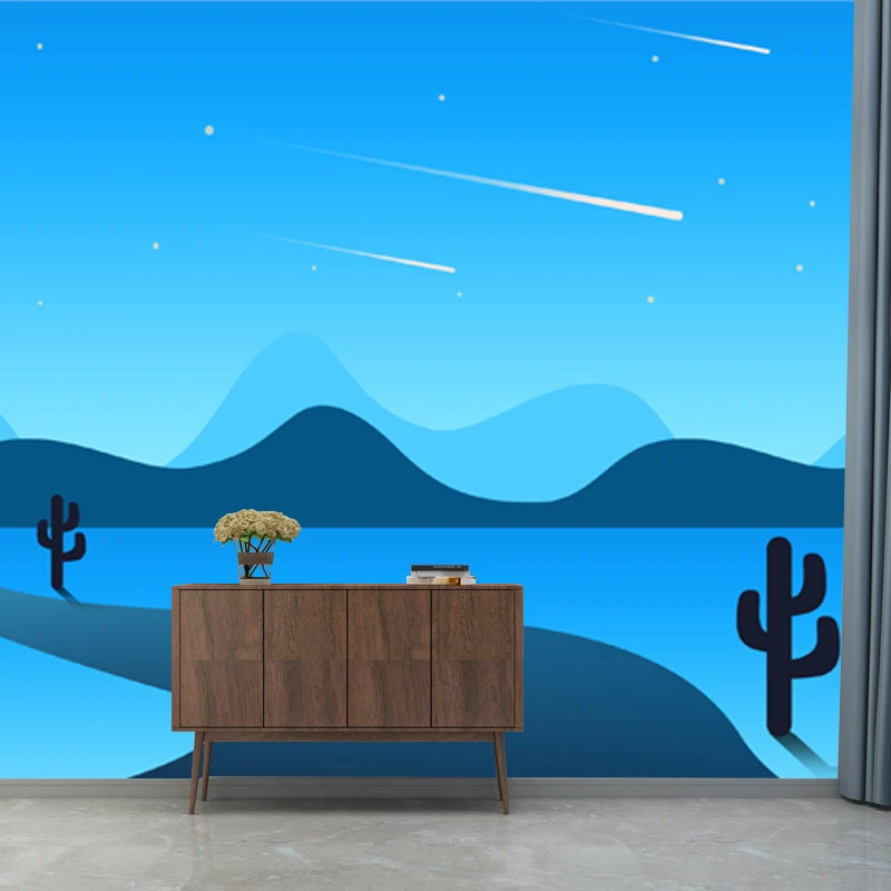 Modernes Wandgemälde mit individueller Illustration und Pathway-Kaktus- und Nachtmeteor-Muster Blau Clearhalo