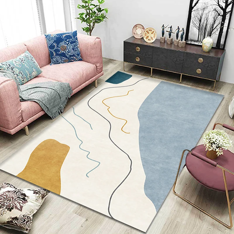 Modernistischer abstrakter Teppich Blau und Beige, Polyester-Teppich, rutschfeste Rückseite, waschbar, haustierfreundliche...
