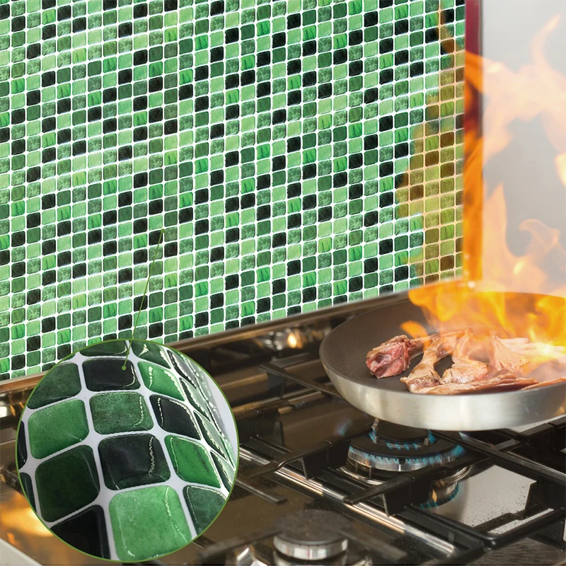 Mosaikfliesen-Tapetenpaneele Schwarz-Grün Modernismus Abziehbare Wanddekoration für Küchenrückwand Clearhalo
