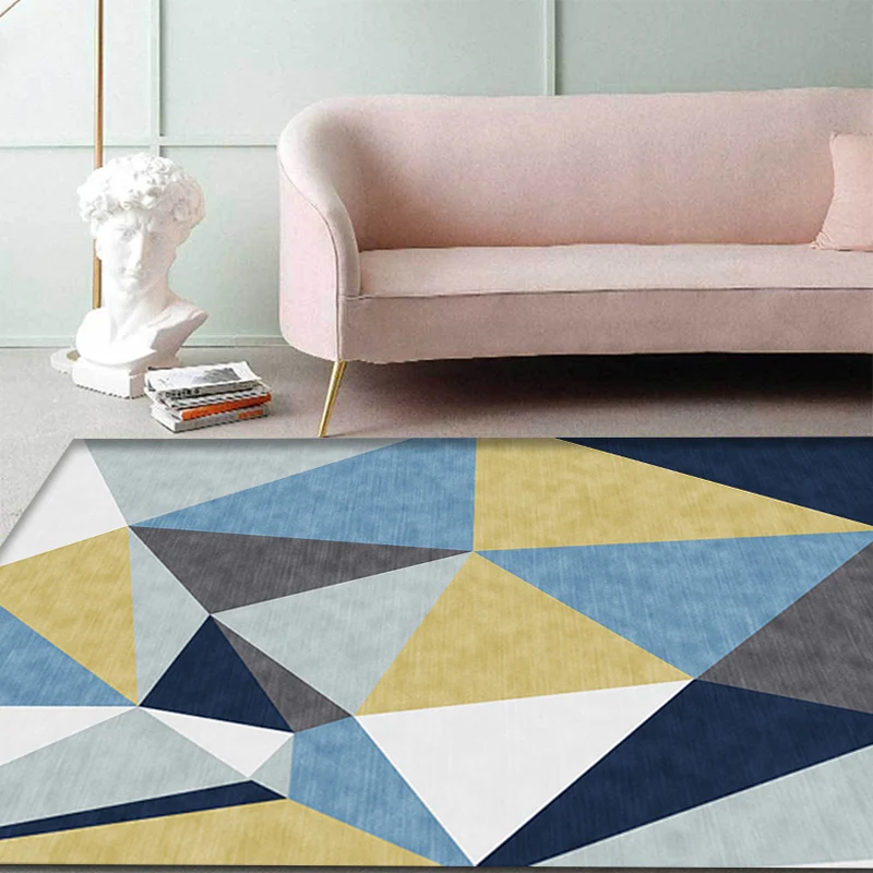 Neuartiger Farbblock-Teppich mit geometrischem Muster, blauer Polyester-Teppich, waschbar, haustierfreundlich, rutschfeste...