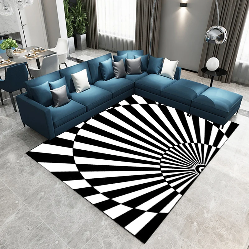 Neuartiger Wohnzimmerteppich Schwarz und Weiß, 3D-Halbkreis-Streifendruck, waschbarer Polyester-Teppich für Haustiere Clea...
