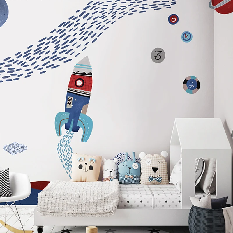 Niedliche Cartoon-Raketen-Wandkunst für Kinder, personalisiertes Wandbild Rot und Blau Clearhalo