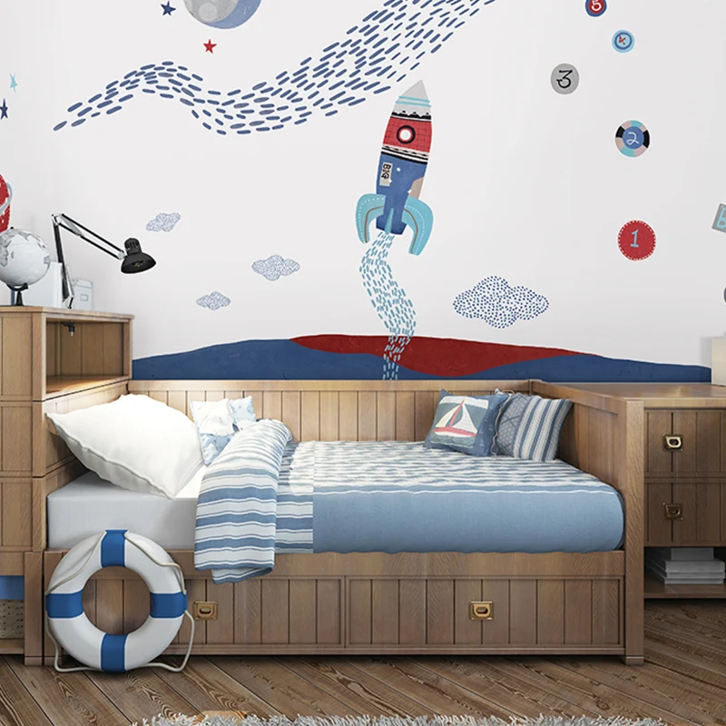 Niedliche Cartoon-Raketen-Wandkunst für Kinder, personalisiertes Wandbild Rot und Blau Clearhalo