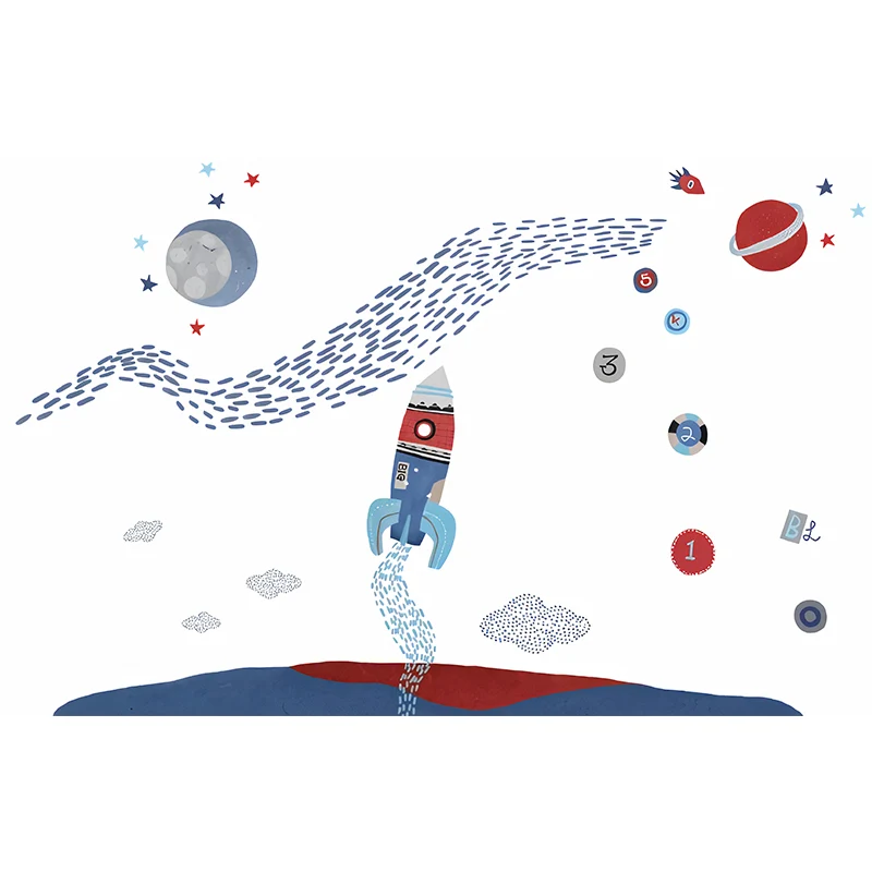 Niedliche Cartoon-Raketen-Wandkunst für Kinder, personalisiertes Wandbild Rot und Blau Clearhalo